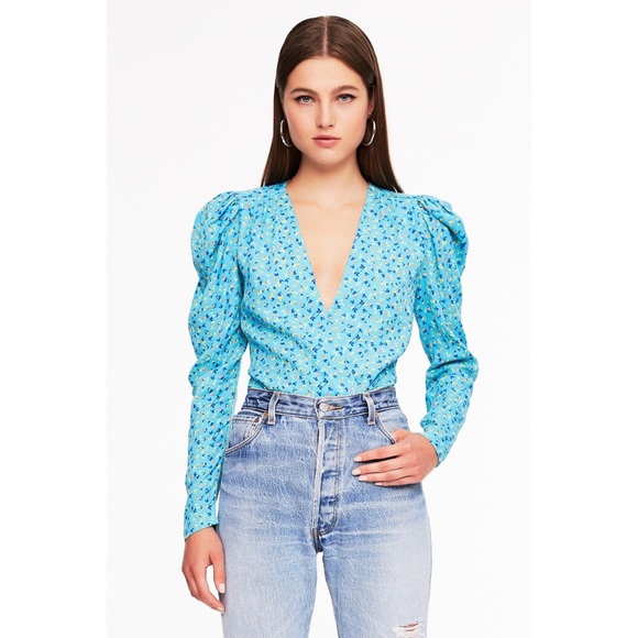 AFRM Tops - AFRM Nora Blue Floral Puffy Sleeves Thong Bodysuit